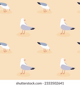 Pattern of seagulls on the shore walk on golden sand. Vector summer background