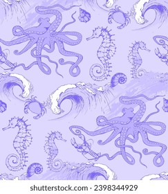 Pattern of seahorse and sea voyages. In style Toile de Jou. Suitable for fabric, mural, wrapping paper and the like