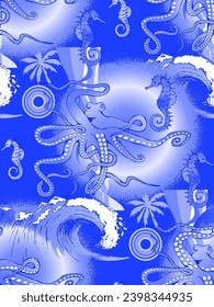 Pattern of seahorse and sea voyages. In style Toile de Jou. Suitable for fabric, mural, wrapping paper and the like