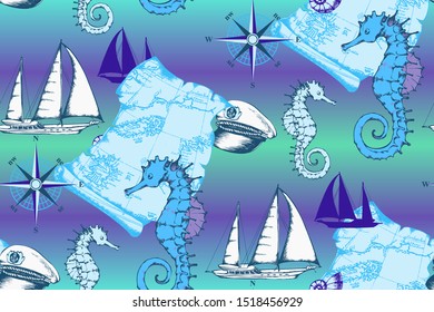 Pattern of seahorse and sea voyages. Vector illustration. Suitable for fabric, wrapping paper and the like