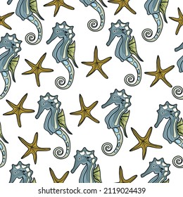 A pattern of seahorses. Ocean. Vector illustration of animals. Mammals. Marine life. Printing on fabric, wallpaper and design. A hand-drawn picture.