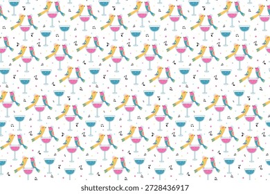 El patrón es sin fisuras. Abstractas pájaros brillantes de fantasía y una copa de vino. Pájaros cantando, notas musicales. Ilustración en color con bebidas alcohólicas y un par de animales lindos.