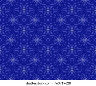 A pattern is a seamless abstract geometric from white contours of flowers on a dark blue background. For fabric.