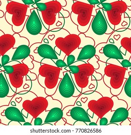 Pattern seamless abstract of hearts and leaves of red and green. For tissue paper, scrapbooking.