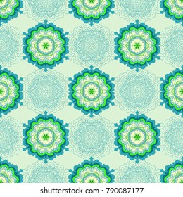 The pattern is seamless, abstract, from mandalas in green tones. For wallpaper, paper, oilcloth, tiles.