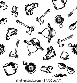 pattern seamless of ax, compass, hat, shoe, hiking shoes, boot, mug in style vintage