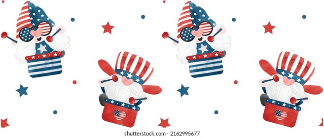 pattern seamless background 4th of July Gnome Patriotic hitting drum celebrating America Independence day cartoon watercolor illustration vector