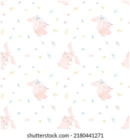 pattern seamless background baby cute pink bunnies celebrating in party watercolor nursery animal hand draw illustration isolated on white background