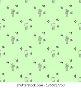 pattern. Seamless background with black contour drawing of a houseplant in a pot on a green background. Cactus and bees. Home, garden, interior and design concept. Vector illustration