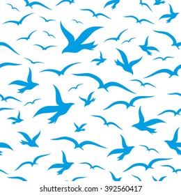 Pattern for seamless background. Blue silhouettes birds on white background.