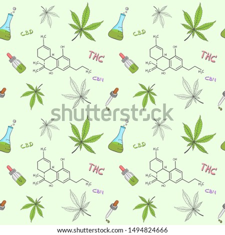 Pattern seamless background of Cannabis or hemp oil and equipment on green background. Alternative medicine to treat various diseases.
