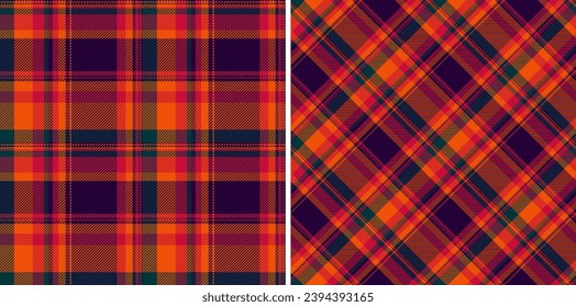 Pattern seamless background of check tartan fabric with a plaid texture vector textile set in halloween colors.