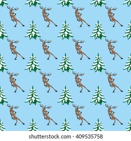 Pattern for seamless background. Christmas reindeer and Christmas trees on a blue background.