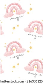 pattern seamless background cute baby pink cow girl hanging on pink rainbow hand drawn cartoon watercolour farm animal character illustration vector