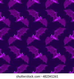 Pattern for seamless background. Cute bats on a purple background.