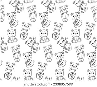 Pattern seamless background cute classic Teddy Bear doll doodle hand drawing cartoon character outline 