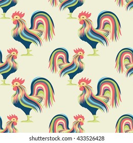 Pattern for seamless background. Cute colorful rooster.