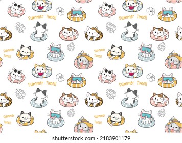 Pattern Seamless Background Cute Funny Kitten Cat In Swimming Ring Summer Time Isolate On White Background