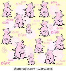 Pattern for seamless background. Cute pink pigs on a yellow background. Textile fabric print. Pig say oink. Pig is a symbol of the 2019 Chinese New Year.  Vector Illustration