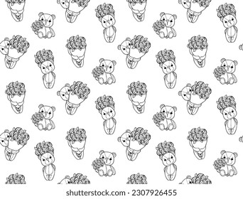 Pattern seamless background cute romantic Teddy Bear doll with roses doodle hand drawing cartoon character outline isolate on whtie background