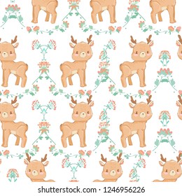 Pattern seamless background with a deer in flowers. Design fabric. vector illustration. Pattern seamless background with a deer in flowers. Design fabric. vector illustration.
