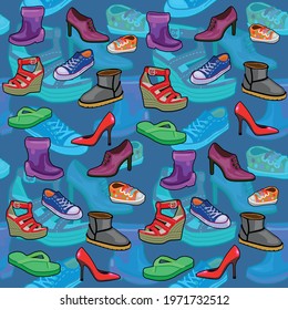 Pattern of seamless background with drawings of different types of shoes in cartoon style
