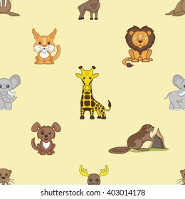 Pattern for seamless background. Fox, lion, elephant, giraffe, elk, walrus, beaver and dog.