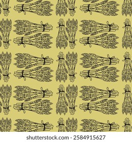 Pattern, Seamless background illustration of organic farm fresh vegetables, asparagus. Contour thin line in doodle style. Black line, green background