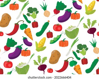 Pattern, seamless background with images of vegetables such as carrots, potatoes, cabbage, tomatoes, corn and others.