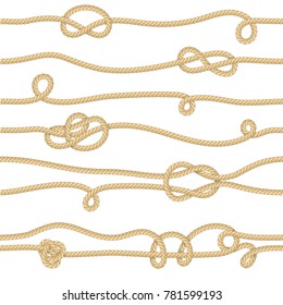 Pattern of seamless background with marine rope knots in different directions. Knot of ropes of sea water transport, with ornament. Military fleet, sailing on ship, boat, ship. Vector illustration.