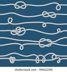 Pattern of seamless background with marine rope knots in different directions. Knot of ropes of sea water transport, with ornament. Military fleet, sailing on ship, boat, ship. Vector illustration.