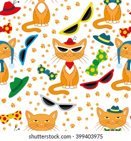Pattern for seamless background. Orange cat, sunglasses, hat and butterfly.