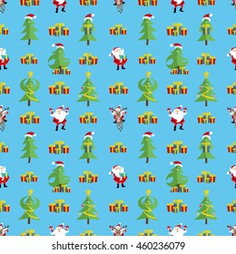 Pattern for seamless background. Santa Claus and Christmas tree on a blue background.