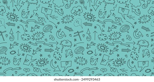 Pattern seamless background. Set of vector doodle elements. Arrows, heart, elements for conceptual design. Speech bubble, cloud for text.
