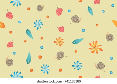 Pattern seamless background snail, leaf, flower and grape fruit cartoon vector illustration