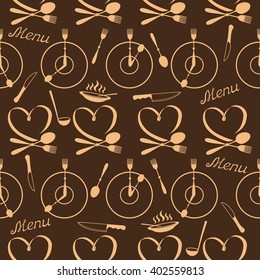 Pattern for seamless background. Spoons, knives, forks, plates and clocks.
