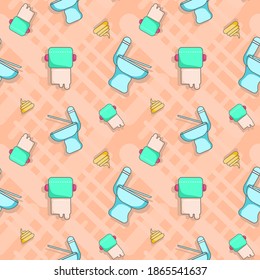 El patrón de fondo transparente del accesorio de inodoro consiste en un inodoro, tejido y heces de descarga. Es un estilo lindo o kawaii de ilustración de dibujos animados. El concepto de la salud excretora.