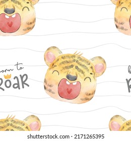 pattern seamless background watercolor painting cute adorable baby tiger face head in differnt emotions, born to roar, cute animal character