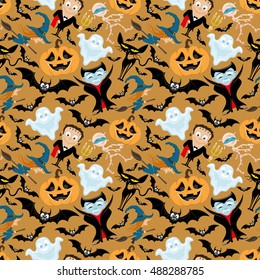 Pattern for seamless background. Witch, monster, mummy, ghost, vampire, bats, pumpkin and black cat.