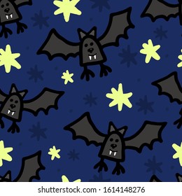The pattern is seamless with bats and stars on a dark background. For Halloween holiday, fabric, background, wrapping paper, Wallpaper.