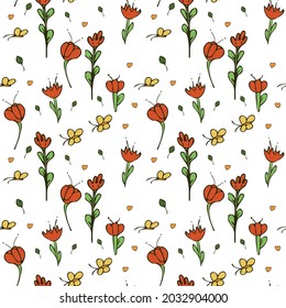 pattern Seamless with beautiful flowers, bright butterflies and leaves for wallpaper, cards and children