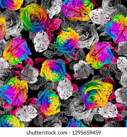 Pattern seamless Beautiful Rainbow Roses colorful petals black background