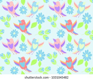 The pattern is seamless from birds and flowers of different colors, for cloth, paper, clothes and pastel clothes.