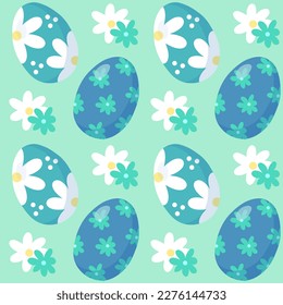Pattern seamless with blue Easter eggs and flowers. Happy easter holiday elements. Spring easter pattern design for postcard, wrapping paper, textile, wallpaper.