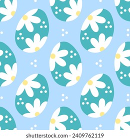 Pattern seamless with blue Easter eggs and flowers chamomiles. Happy Easter holiday background. Spring pattern design for postcard, wrapping paper, textile, wallpaper.