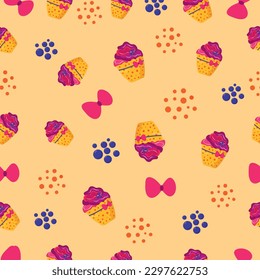 Pattern seamless with blueberry muffin, bows and blueberries. Design for fabric, tablecloth, packaging.