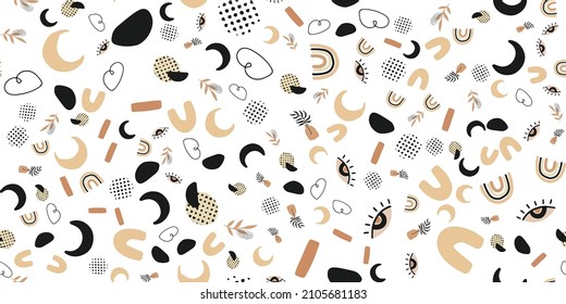 patrón sin fisuras boho scandi doodle estilo minimalista chic de moda, para tejidos juguetones, papel envolvente, diseño de papel pintado. formas y colores abstractos simples, dispersos al azar