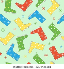 Pattern Seamless. Boots cartoon rubber waterproof. Doodle style. Drawing, sketch. Bright multicolored Shoes for rainy weather. Gardening equipment. Vector illustration, isolated background.