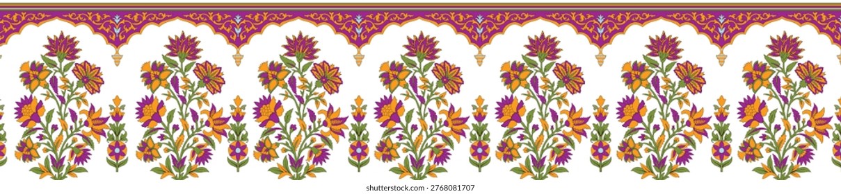 The pattern is a seamless border design, commonly associated with traditional Mughal or Indian textile art, also referred to as Kalamkari or Chintz style. This style often features intricate details and vibrant colors.