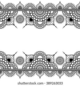Pattern seamless border elements in Indian mehndi style for tattoo or card isolated on white background.  Vector illustration